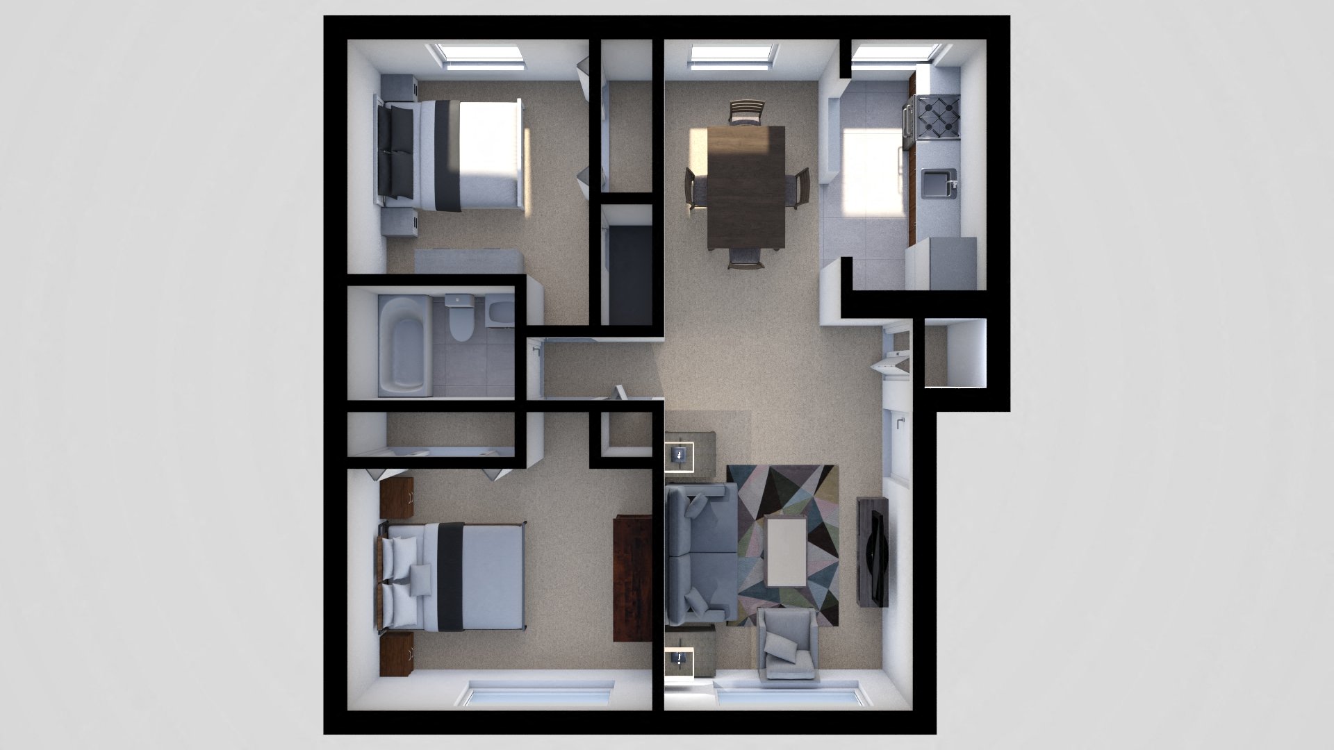 Floor plan for 2 beds, 1 bath, 741 sqft